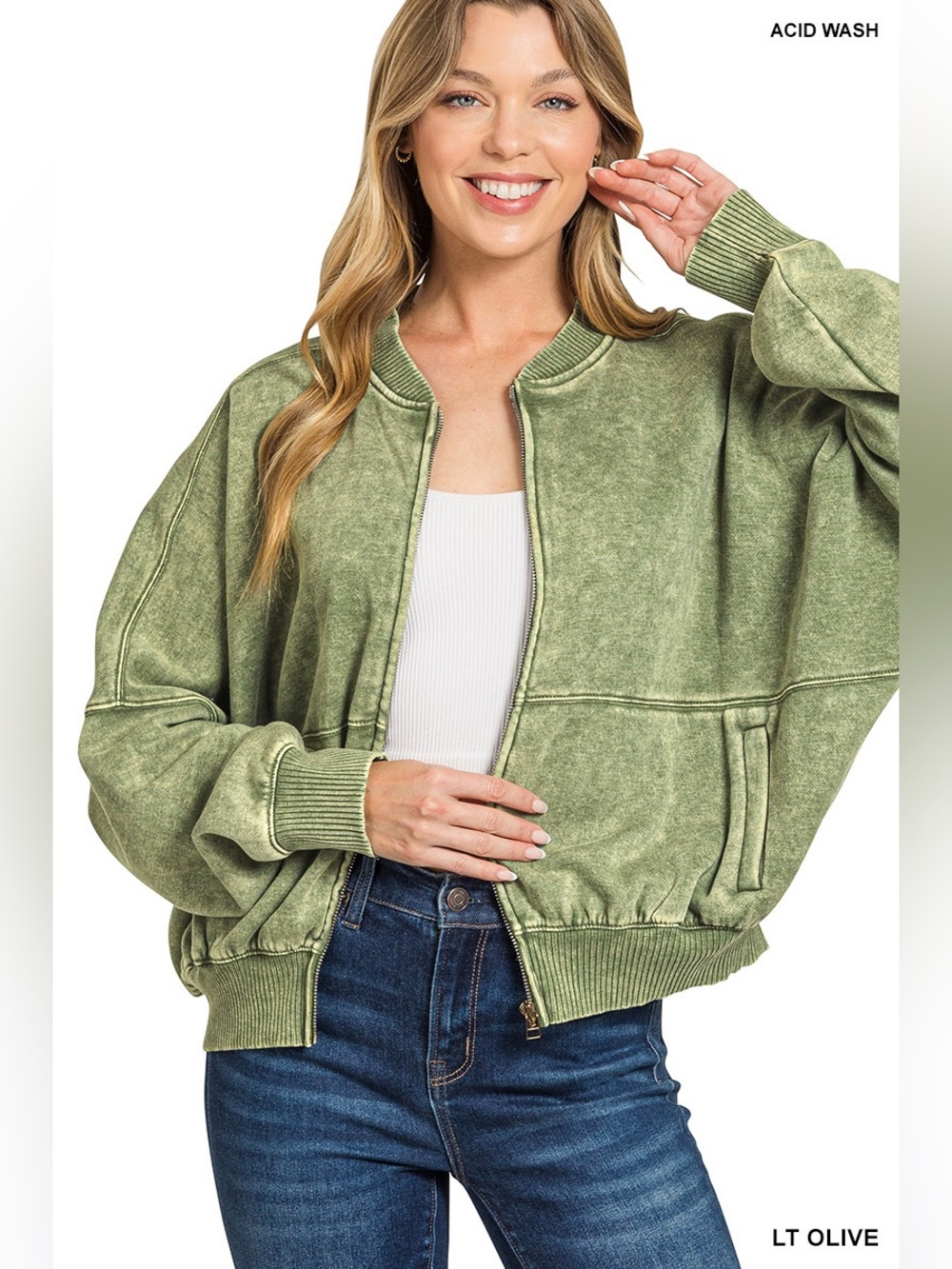 Zenana Lt Olive Acid Wash Fleece Jacket